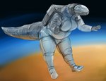 anthro armor astronaut biped female floating furgonomic_headwear furgonomics green_eyes headgear helmet orbit solo space spacesuit zero_gravity doctordj olivia_(doctordj) crocodile crocodilian reptile scalie 2023 digital_media_(artwork) hi_res