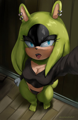 anthro black_clothing black_shirt black_topwear blue_eyes breasts cleavage clothed clothing ear_piercing eyelashes feet female green_hair hair hair_down high-angle_view looking_at_viewer piercing sharp_teeth shirt solo tail teeth text thick_thighs thong tongue tongue_out topwear underwear soranygyart idw_publishing sega sonic_the_hedgehog_(comics) sonic_the_hedgehog_(idw) sonic_the_hedgehog_(series) surge_the_tenrec afrosoricid mammal tenrec artist_name hi_res