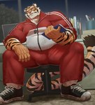 anthro belly black_body black_fur black_stripes bottomwear bulge clothed clothing erection erection_under_clothing eyebrows eyewear footwear fully_clothed fur glasses male orange_body orange_fur overweight overweight_anthro overweight_male pants shoes sitting sneakers socks solo striped_body striped_fur stripes thick_thighs tracksuit whistle_(object) white_body white_fur bontiage felid mammal pantherine tiger 2023 digital_media_(artwork) hi_res