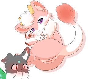 ambiguous_gender anus black_body black_fur blue_markings blush breath cheek_tuft chest_tuft clitoris cutaway duo embarrassed facial_tuft fangs female feral fur genitals green_body green_fur hand_on_mouth horn inner_ear_fluff lying markings multicolored_body multicolored_fur on_ground open_mouth paws pink_body pink_fur purple_eyes red_eyes round_ears simple_background teeth tuft two_tone_body two_tone_fur vulva white_body white_fur wings yellow_horn illhwa_drago fabulous_beasts mythology xiaolizhi_(fabulous_beasts) zhuangzhuang_(fabulous_beasts) dragon kirin mythological_creature mythological_scalie scalie tianma absurd_res hi_res