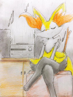3_toes :3 ambiguous_anthro ambiguous_gender anthro arm_tuft biped black_body black_fur cheek_tuft chest_tuft closed_smile crossed_legs detailed_background digitigrade eyes_closed facial_tuft feet flat_chested front_view fur hip_tuft inner_ear_fluff inside mouth_closed multicolored_body multicolored_fur musical_note musical_symbol nude_ambiguous nude_anthro object_in_tail orange_body orange_fur orange_inner_ear_fluff orange_nose pointy_ears prick_ears shoulder_tuft sitting smile solo speaker stick stick_in_tail symbol tail tapering_snout toes tuft white_body white_fur yellow_body yellow_fur yellow_tail eiroru nintendo pokemon braixen canid generation_6_pokemon mammal pokemon_(species) 2018 colored colored_pencil_(artwork) colored_sketch full-length_portrait graphite_(artwork) hi_res portrait sketch traditional_media_(artwork)