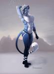 2019 abs anthro athletic black_body black_fur blue_body blue_eyes blue_fur blush butt claws clothing ear_piercing felid fluffy fur fur_tuft hair hands_behind_head hi_res jewelry jockstrap lion long_tail looking_at_viewer male mammal mane markings mountain muscular muscular_anthro naruka naruka_(character) palette pantherine paws pecs piercing simple_background solo tail tail_tuft tattoo tuft underwear white_body white_fur white_hair