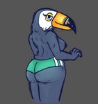 anthro beak big_butt bottomwear breasts butt clothed clothing female grey_background hotpants looking_at_viewer looking_back looking_back_at_viewer nipples non-mammal_breasts non-mammal_nipples shorts simple_background slightly_chubby smile solo topless topless_anthro topless_female flannelcat77 netflix tuca_and_bertie tuca_(tuca_and_bertie) avian bird ramphastos toco_toucan toucan 2022 hi_res portrait three-quarter_portrait