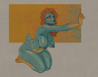 abstract_background anthro areola big_breasts biped breasts erect_nipples female glistening glistening_breasts hair kneeling looking_at_viewer membrane_(anatomy) nipple_piercing nipples non-mammal_breasts nude piercing red_eyes simple_background solo thick_thighs wide_hips flowerdino mintaka amphibian frog digital_drawing_(artwork) digital_media_(artwork) hi_res