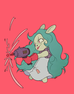 aiming_weapon anthro clothing dress evil_grin female gift gloves green_body green_hair hair handwear messy_hair red_background red_clothing red_eyes red_gloves red_handwear simple_background smile solo tongue tongue_out young young_female goddamnpancakes cartoon_network ok_k.o.!_let's_be_heroes fink_(ok_k.o.!_lbh) mammal murid murine rat rodent absurd_res hi_res