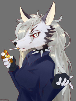 armwear cigarette cigarette_in_mouth clothing elbow_gloves female fire gloves hair handwear long_hair neck_ring object_in_mouth red_eyes simple_background solo white_hair sdvxedge hellaverse helluva_boss mythology loona_(helluva_boss) canid canid_demon canine demon hellhound mammal mythological_canine mythological_creature 3:4 hi_res