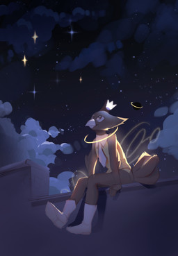 anthro boots celestial_star clothed clothing crown female floating_crown footwear halo headgear mascot necktie pantsless shoes sky solo star stargazing starry_sky koreshka voices_of_the_void stolas_(voices_of_the_void) avian bird owl absurd_res hi_res