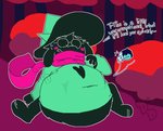 abdominal_bulge anthro belly big_belly blush blush_stickers bottomless clothed clothing dialogue duo endosoma hat headgear headwear healing healing_vore horn male male/male navel_outline robe safe_vore same_size_vore scarf text tight_clothing tight_robe vore witch_hat dreamindemon deltarune undertale_(series) kris_(deltarune) ralsei bovid caprine goat human mammal english_text