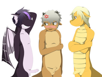 annoyed anthro balls blush comparing comparing_penis crossed_arms embarrassed erection eyes_closed foreskin front_view genitals group hand_behind_back humanoid_genitalia humanoid_penis long_foreskin male male/male membrane_(anatomy) membranous_wings nude penis raised_arm side_view small_penis smile standing unretracted_foreskin wings young young_anthro funnybox mythology dragon mythological_creature mythological_scalie scalie 4:3 absurd_res hi_res