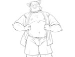 anthro belly bottomwear bulge clothing humanoid_hands jinbei_(clothing) kemono male moobs navel nipples overweight overweight_anthro overweight_male shorts simple_background solo white_background oogamikennta canid canine canis domestic_dog mammal 2018 4:3 monochrome