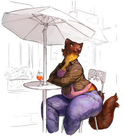 anthro beverage bottomwear breasts brown_body brown_fur building chair cleavage clothed clothing denim denim_bottomwear denim_clothing female fully_clothed fur furniture jacket jeans medium_breasts outside overweight overweight_anthro overweight_female pants shirt simple_background sitting sketch_background solo table tail thick_thighs topwear umbrella white_background wide_hips cettus mammal mustelid 2025 hi_res partially_colored sketch