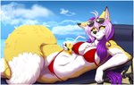anthro breasts canid canine clothed clothing container cup detailed_background female fluffy fluffy_tail fox fur hair holding_object lying mammal mark_haynes multicolored_body multicolored_fur multicolored_hair outside partially_clothed purple_hair solo sonia_(rukaisho) tail two_tone_body two_tone_fur two_tone_hair white_hair yellow_body yellow_eyes yellow_fur