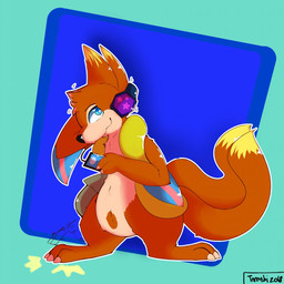 2_tails 3_toes anthro biped black_nose blue_background blue_eyes chest_tuft claws electronics feet fingers fur headphones headphones_only long_tail male multi_tail navel orange_body orange_fur orange_tail phone simple_background solo standing tail toes tuft white_claws tanashi_(artist) nintendo pokemon ren_the_floatzel floatzel generation_4_pokemon pokemon_(species) 1:1 2019 hi_res