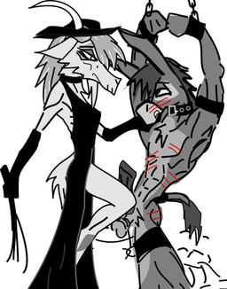 anthro bound chain chained clothing dark dominant dominant_female duo erection face_grab female forced genitals hat headgear headwear male male/female muscular penis rape sex side_slit slave submissive submissive_male whip whip_mark setmann123 asinus bovid caprine donkey equid equine goat mammal black_and_white_and_red digital_media_(artwork)