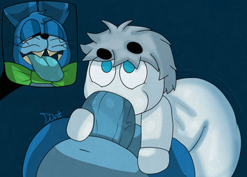 anthro balls big_balls big_penis blue_body blue_eyes bodily_fluids bow_tie duo eyebrow_through_hair eyebrows genitals grey_hair hair humanoid_genitalia humanoid_penis interspecies male male/male motion_lines one_eye_closed open_mouth oral penis penis_grab saliva saliva_on_penis saliva_on_tongue sharp_teeth simple_background slightly_chubby slightly_chubby_male smile teeth thick_penis thick_thighs tongue tongue_out translucent translucent_hair vein veiny_penis white_body plushtrapboyuwu five_nights_at_freddy's scottgames ben_(plushtrapboy) ghost humanoid lagomorph leporid mammal rabbit spirit 2020 cel_shading digital_drawing_(artwork) digital_media_(artwork) hi_res shaded signature