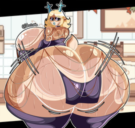 annoyed anthro antlers big_breasts big_butt blonde_hair bodily_fluids breasts butt clothed clothed_anthro clothed_female clothing eyelashes female female_anthro fur glistening_eyelids hair horn huge_breasts huge_butt hyper hyper_breasts hyper_butt long_eyelashes looking_back makeup motion_lines rear_view skimpy_dress solo sweat sweatdrop sweaty_butt tail tan_body tan_fur tear_trough wobble wobbling voctopie deltarune undertale_(series) carol_holiday deer mammal new_world_deer reindeer 2025 absurd_res digital_media_(artwork) hi_res