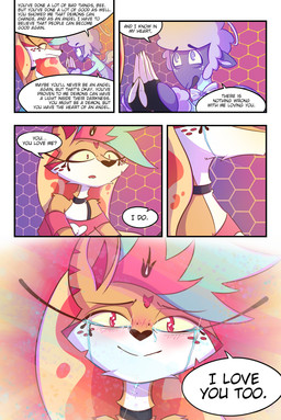 anthro blush blush_lines bodily_fluids choker crying dialogue duo eyelashes female freckled_face freckles halo jewelry long_eyelashes male necklace speech_bubble tears text mustachedbain hellaverse helluva_boss collin_(helluva_boss) queen_bee-lzebub_(helluva_boss) angel arthropod bee canid canine cherub fox hybrid hymenopteran insect mammal absurd_res comic english_text hi_res