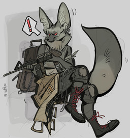 alternative_fashion ambiguous_gender anthro backpack big_ears big_tail boots clothing ear_piercing ear_ring exclamation_point footwear frown grin gun piercing post-apocalyptic punk ranged_weapon ring_piercing shoes smile solo submachine_gun tail weapon infezmite canid canine fennec_fox fox mammal true_fox