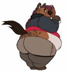 ambiguous_gender anthro belly big_belly big_butt bodily_fluids brown_body brown_fur butt chubby_cheeks clothed clothing food fur holding_food holding_object markings meat midriff obese obese_ambiguous obese_anthro overweight overweight_ambiguous overweight_anthro simple_background solo spots spotted_body spotted_fur standing sweat sweatdrop thick_thighs torn_clothing white_background thetunafish hyena mammal spotted_hyena hi_res