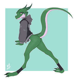 anthro bottomless bottomless_anthro bottomless_female butt clothed clothing countershading female green_body green_scales hoodie horn jacket leaning leaning_forward looking_back raised_tail scales side_view slim small_butt solo standing tail topwear w4g4 kobold scalie 2021 full-length_portrait portrait