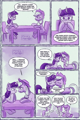 cartoon_freckles dialogue eyelashes female feral freckled_face freckles furniture group horn interview kissing_cheek long_eyelashes table text wings pixelpub friendship_is_magic hasbro my_little_pony mythology apple_bloom_(mlp) applejack_(mlp) scootaloo_(mlp) sweetie_belle_(mlp) twilight_sparkle_(mlp) equid equine mammal mythological_creature mythological_equine winged_unicorn comic english_text hi_res