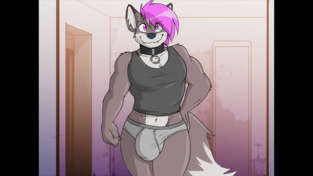 anthro big_bulge briefs bulge clothing collar fur grey_body grey_briefs grey_clothing grey_fur grey_underwear hair looking_at_viewer male multicolored_body multicolored_fur muscular muscular_anthro muscular_male pink_hair shirt solo tank_top topwear two_tone_body two_tone_fur underwear white_body white_fur dracojeff anuv canid canine canis mammal wolf 2018