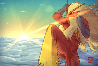 abs anthro beak biceps casual_nudity cloud featureless_crotch fluffy fluffy_tail fur hair light long_hair male multicolored_body multicolored_fur muscular muscular_anthro muscular_male nude on_one_leg outdoor_nudity outside red_body red_eyes red_fur scuted_arms scutes short_tail sky skyscape solo standing sun sunlight tail two_tone_body two_tone_fur white_hair yellow_body yellow_fur fklow nintendo pokemon avian bird blaziken generation_3_pokemon pokemon_(species) 2018 digital_media_(artwork) hi_res