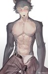 anthro athletic athletic_anthro athletic_male blush clothed clothing fur grey_body grey_fur male open_clothing shy solo topless topless_anthro topless_male underwear axianorange beastars legoshi_(beastars) canid canine canis mammal wolf absurd_res hi_res