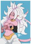 2018 5_fingers absurd_res alien alien_humanoid areola balls big_breasts biped blue_background blue_eyes blush border bottomwear breast_play breasts clothed clothing digital_media_(artwork) dragon_ball dragon_ball_fighterz duo ear_piercing erection eyebrows female female_focus fingers genitals hair hi_res humanoid humanoid_genitalia humanoid_on_humanoid humanoid_penis humanoid_pointy_ears jewelry long_hair long_tail majin majin_android_21 male male/female navel necklace nerdbayne nipples not_furry pants penis piercing pink_areola pink_body pink_ears pink_nipples pink_skin pink_tail pink_tongue sex shaded signature simple_background sleeves solo_focus tail titfuck tongue topless white_border white_eyebrows white_hair