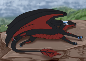 black_body claws feral horn lying male membrane_(anatomy) membranous_wings multicolored_body on_side outside paws red_body ring_(jewelry) ring_on_finger rock scales simple_background smile solo stretching tail two_tone_body white_horn wings lunhiss mythology dragon mythological_creature mythological_scalie scalie 2023 colored digital_drawing_(artwork) digital_media_(artwork) hi_res signature sketch widescreen