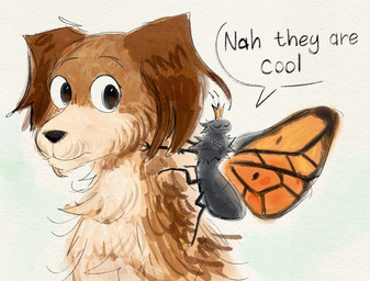 2_antennae 4_legs ambiguous_feral ambiguous_gender anthro arthropod_abdomen black_nose brown_body brown_eyes brown_fur countershade_fur countershading crown dialogue duo eyespots feral fur grey_body grin headgear insect_wings lepidopteran_wings markings monotone_body mouth_closed multicolored_wings nude_anthro nude_male open_mouth open_smile orange_wings quadruped ruff simple_background smile speech_bubble teeth text toothy_grin white_body white_countershading wings thekaygi disney hoppers_(disney) pixar titus_(hoppers) arthropod butterfly canid canine canis domestic_dog insect lepidopteran mammal 2026 digital_media_(artwork) english_text hi_res