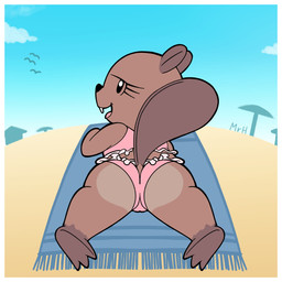 anthro beach beach_towel beach_umbrella bikini black_nose border brown_body brown_fur buckteeth butt clothing eyelashes female fur looking_at_viewer looking_back looking_back_at_viewer open_mouth parasol pink_bikini pink_clothing pink_swimwear pink_tongue solo swimwear teeth tongue towel two-piece_swimsuit white_border mr_harinezumi maple_(el_senor_erizo) ambient_bird beaver mammal rodent 1:1 2026 absurd_res colored english_description hi_res textless