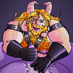 anthro arm_hair beard blonde_hair body_hair chest_hair clothing duo erection facial_hair fur genitals gloves hair handjob handwear harness horn male male/male mature_male mustache nipple_piercing nipple_ring nipples one_eye_closed penile penis piercing purple_body purple_fur ring_piercing sex white_body white_fur yellow_eyes ulynxses undertale_(series) asgore_dreemurr bovid caprine goat mammal 1:1 hi_res