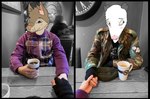 anthro beverage black_border blush border brown_body brown_fur cafe camo clothing coffee coffee_cup container cup duo fingerless_gloves fur gloves hand_holding handwear hat headgear headwear jacket male photo_background smile sweater tan_body tan_fur topwear white_body white_fur grivies dazze grivies_(grivies) american_opossum canid canine canis domestic_dog mammal marsupial virginia_opossum draw_over photography_(artwork)