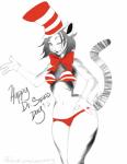 anthro bow_(feature) bow_tie bra breasts clothing female hair hat headgear headwear looking_at_viewer markings navel one_eye_closed open_mouth panties simple_background smile solo standing striped_markings striped_tail stripes tail tail_markings text underwear white_background wide_hips wink vexstacy dr._seuss the_cat_in_the_hat the_cat_(the_cat_in_the_hat) domestic_cat felid feline felis mammal absurd_res distracting_watermark english_text hi_res watermark