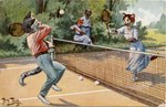 anthro ball biped bottomwear clothed clothing female footwear fully_clothed group male net outside pants playing_sport shoes singles_tennis sport tennis tennis_ball tennis_court tennis_net whiskers carl_robert_arthur_thiele domestic_cat felid feline felis mammal 20th_century ancient_art signature traditional_media_(artwork)