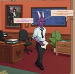 anthro black_clothing black_footwear black_necktie black_shoes bottomwear chair cigarette clothed clothed_anthro clothed_male clothing dialogue footwear fur furniture hair holding_cigarette holding_object male necktie office office_chair offscreen_character painting_(object) pants plant printer purple_body purple_fur purple_hair red_eyes shirt solo speech_bubble text topwear white_clothing white_shirt white_topwear bigtiddyfox simon_blutrot simone_augustine_(bigtiddyfox) lagomorph leporid mammal rabbit 2024 absurd_res english_text hi_res