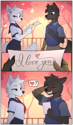 anthro biped blush bottomwear breasts butt clothed clothed_anthro clothed_female clothed_male clothing cybernetic_arm cybernetic_limb duo female fingers fully_clothed fully_clothed_anthro fully_clothed_female fully_clothed_male fur hair i_love_you male outside romantic smile standing tail teeth text topwear yakovlev-vad canid canine mammal 2026 absurd_res comic digital_drawing_(artwork) digital_media_(artwork) english_text hi_res