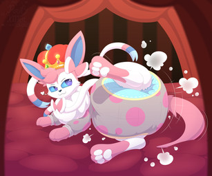 3_toes ambiguous_gender black_nose blue_inner_ear blue_sclera bluesky_logo bow_(anatomy) clean_diaper clothed clothing crown curtains detailed_background diaper diaper_puff diaper_under_clothing diaper_under_onesie discord_logo fangs feet feral fur headgear heart_symbol leg_markings lying markings multicolored_body multicolored_fur onesie pawpads pink_body pink_ears pink_fur pink_tail red_curtains ribbons_(anatomy) smile socks_(marking) solo tail teeth text toes twitter_logo wearing_crown wearing_diaper white_body white_fur white_pawpads poofykitten bluesky_(social_media) discord_(app) nintendo pokemon twitter moon_(mrmoonmoo) eeveelution generation_6_pokemon pokemon_(species) sylveon 2026 absurd_res english_text full-length_portrait hi_res portrait signature