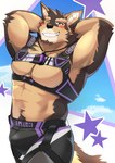 abs anthro blush bottomwear brown_body brown_fur bulge clothing eyebrows fur grin harness male muscular muscular_anthro muscular_male navel nipples one_eye_closed pecs shorts smile solo stretching thick_eyebrows wink kouga0225 lifewonders live_a_hero pubraseer canid canine canis domestic_dog mammal absurd_res hi_res