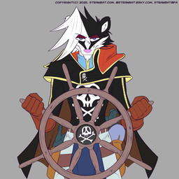 5_fingers anthro black_body black_fur blue_eyes bottomwear clothed clothing copyright_symbol facial_scar fingers fur gloves grey_background gun handwear inner_ear_fluff jacket male multicolored_body multicolored_fur pants pink_nose pirate ranged_weapon scar simple_background skull_and_crossbones solo steering_wheel symbol text topwear tuft weapon white_inner_ear_fluff strawbat mammal mephitid skunk 1:1 2025 absurd_res hi_res url