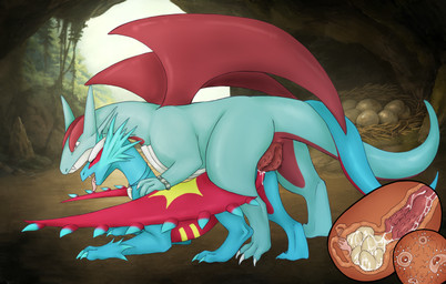 2_penises animal_genitalia animal_penis blue_body bodily_fluids cave cavern claws cloaca cum cum_in_cloaca cum_inside cum_on_egg duo egg egg_in_uterus fangs female female_feral female_penetrated feral feral_on_feral genital_fluids genitals hemipenes impregnation larger_male male male/female male_feral markings multi_genitalia multi_penis nest ovum penetration penile_spines penis pregnant red_wings size_difference sky smaller_female teeth tongue tongue_out wings yellow_markings ratm-af mythology nintendo pokemon ancient_pokemon dragon generation_3_pokemon generation_9_pokemon mythological_creature mythological_scalie paradox_pokemon pokemon_(species) roaring_moon salamence scalie absurd_res hi_res