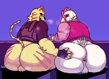 anthro anus balls barazoku big_butt biped bodily_fluids bottomless butt butt_focus butt_grab chair clothed clothing duo fur furniture genitals hand_on_butt huge_butt jacket male male/male markings on_chair rear_view sitting sitting_on_chair spread_butt spreading striped_markings striped_tail stripes sweat sweatdrop tail tail_markings topwear yellow_body yellow_fur ritcherr hotline_miami hotline_miami_2 jacket_(hotline_miami) richard_(hotline_miami) tony_(hotline_miami) tony_(hotline_miami_2) avian bird chicken felid galliform mammal pantherine phasianid tiger