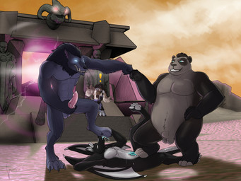 animal_genitalia animal_penis anthro anthro_on_anthro balls black_body black_fur blue_eyes blue_penis bodily_fluids canine_genitalia canine_penis cloud cum cum_on_self erection exclamation_point feet fist_bump foot_fetish foot_lick foot_play footjob fully_sheathed fur genital_fluids genitals gesture glowing glowing_eyes grey_balls grey_body grey_fur grin group horn licking lying male male/male male_anthro membrane_(anatomy) membranous_wings muscular muscular_anthro muscular_male nude on_back orange_sky outside overweight overweight_anthro overweight_male penis pink_penis public public_sex sex shadow sheath sky slim_anthro slim_male smile tongue white_balls white_body white_fur white_horn white_wings wings hufnaar blizzard_entertainment mythology warcraft yuuryuu bear canid canine dragon hybrid mammal mythological_creature mythological_scalie pandaren scalie werecanid werecreature worgen 4:3 hi_res