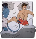 athletic athletic_male bed blue_body blue_skin boxers_(clothing) boxers_only clothed clothing duo furniture heart_boxers heart_clothing heart_symbol heart_underwear kicking_another lying male on_back on_bed on_side red_boxers red_clothing red_underwear spade_tail tail topless underwear underwear_only itsnottobb demon demon_humanoid human humanoid mammal hi_res