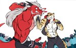 anthro barbel_(anatomy) claws clothed clothing countershade_face countershade_torso countershading duo_focus fight fingers flesh_whiskers group horn male muscular muscular_anthro muscular_male red_body tail capte mythology dragon eastern_dragon felid mammal mythological_creature mythological_scalie pantherine scalie tiger