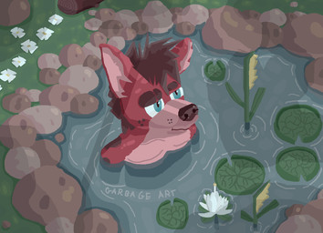 anthro athletic bathing blue_eyes brown_eyebrows brown_hair brown_nose brown_spots eyebrows flower forest forest_background freckled_face freckles fur fur_markings fur_spots grove hair hot_spring male markings mostly_nude nature nature_background pastel_fur plant pond red_body red_fur reeds rock solo spot_freckles spots spotted_face spring swimming tree tree_trunk water water_lily garbage_art hyena mammal 2025 digital_media_(artwork) hi_res