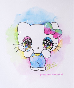 accessory anthro bodily_fluids bow_(feature) bow_ribbon chibi clothed clothing crying eyelashes female fur glistening glistening_eyes kemono looking_at_viewer overalls simple_background solo sparkles tears text toony whiskers white_body white_fur young yurie_sekiya hello_kitty_(series) sanrio hello_kitty_(character) domestic_cat felid feline felis mammal hi_res