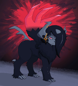 black_body black_eyebrows black_fur black_hair black_nose eyebrows eyelashes female feral fur grey_horn grey_tail hair hair_over_eye horn long_tail neck_tuft pink_eyes pupils quadruped solo tail tuft white_pupils commonbleat nintendo pokemon pokemon_legends_z-a generation_9_pokemon mega_absol_z mega_evolution pokemon_(species) hi_res