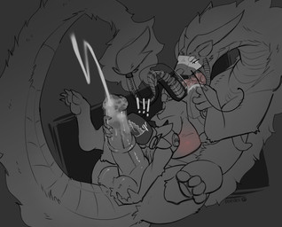 4_ears 4_fingers 4_toes 69_position abdominal_bulge anal anal_penetration animal_genitalia animal_penis anthro anthro_on_feral ball_fondling ball_grab ball_tuft balls barbel_(anatomy) bestiality blush blush_lines bodily_fluids butt butt_grab cum cum_in_ass cum_in_mouth cum_inside cum_on_butt cum_on_penis cum_on_self cum_on_tail cum_on_tongue cumshot deep_rimming dominant duo ejaculation equine_genitalia equine_penis exclamation_point eyes_closed feet feral fingers flesh_whiskers fondling fur furry_tail genital_fluids genitals glistening glistening_genitalia glistening_penis glowing glowing_belly grabbing hand_on_butt horn interspecies larger_dom long_neck long_tongue looking_pleasured lying machine male male/male mechanical_tail multi_ear narrowed_eyes on_back oral penetration penis protogen_armor protogen_face protogen_visor rimming scales sex simple_background size_difference spread_legs spreading submissive submissive_male tail toes tongue tongue_out tuft kojisauce mythology dragon eastern_dragon mythological_creature mythological_scalie protogen scalie absurd_res hi_res